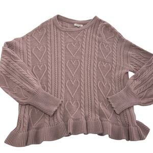 Andrée by Unit Sweater Womens Small Pink Cable Knit Heart Ruffle Hem Pullover‎